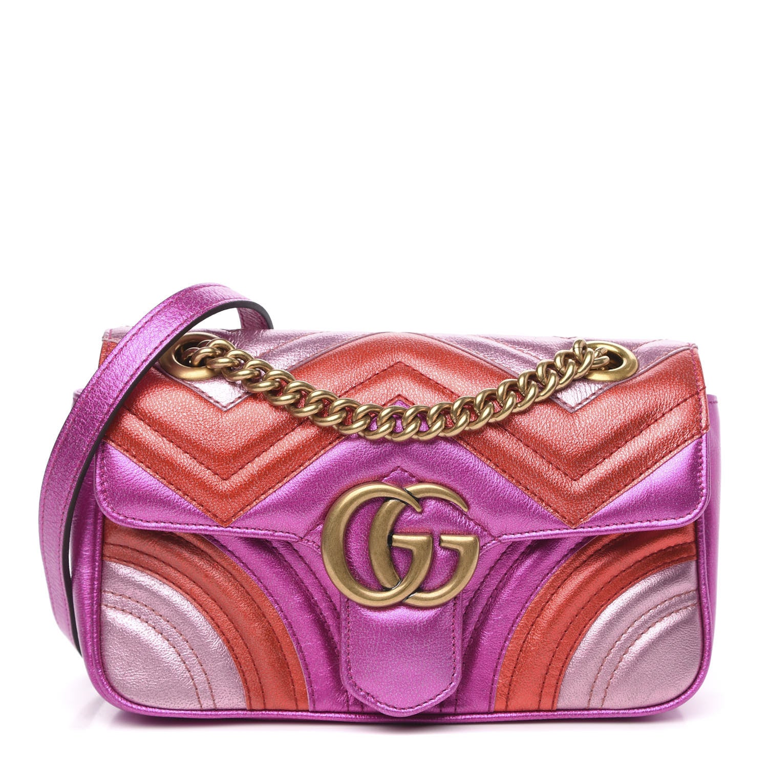 Gucci Metallic Calfskin Matelasse Mini GG Marmont Shoulder Bag Fuchsia 1 of 11
