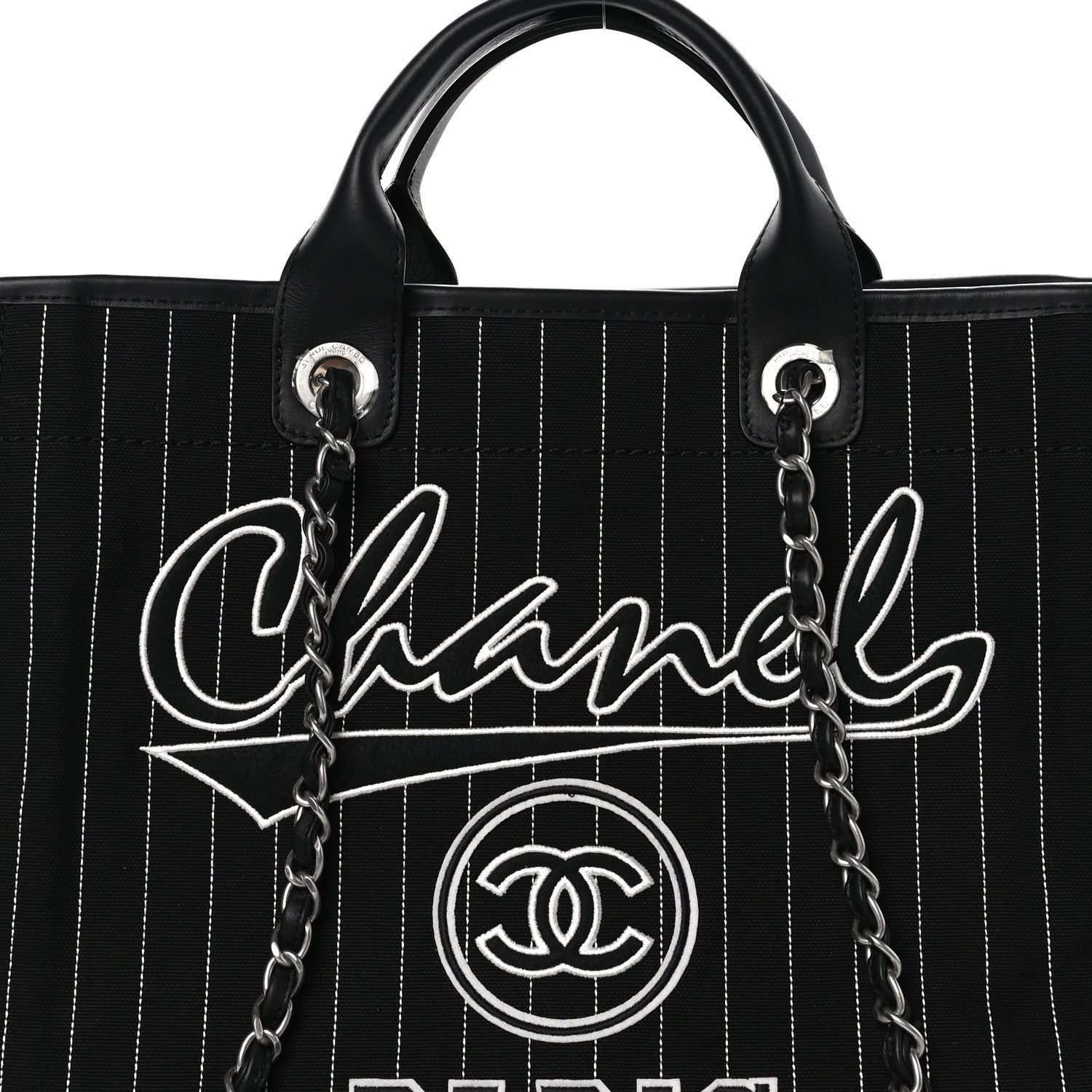 Chanel Canvas Calfskin Striped Medium Deauville Tote Black White 9 of 11