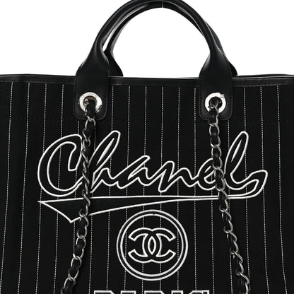Chanel Canvas Calfskin Striped Medium Deauville Tote Black White 9 of 11