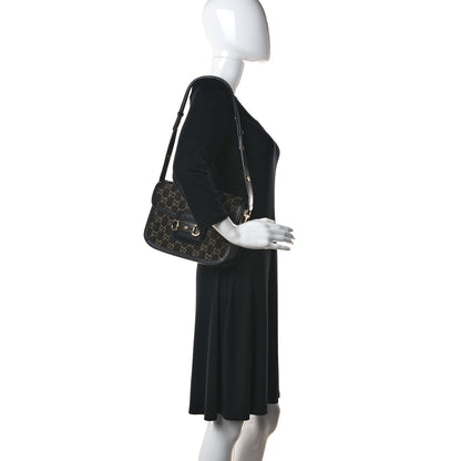 Gucci Jacquard Black Denim GG Monogram Textured Dollar Calfskin Horsebit 1955 Shoulder Bag Black Ivory 2 of 13