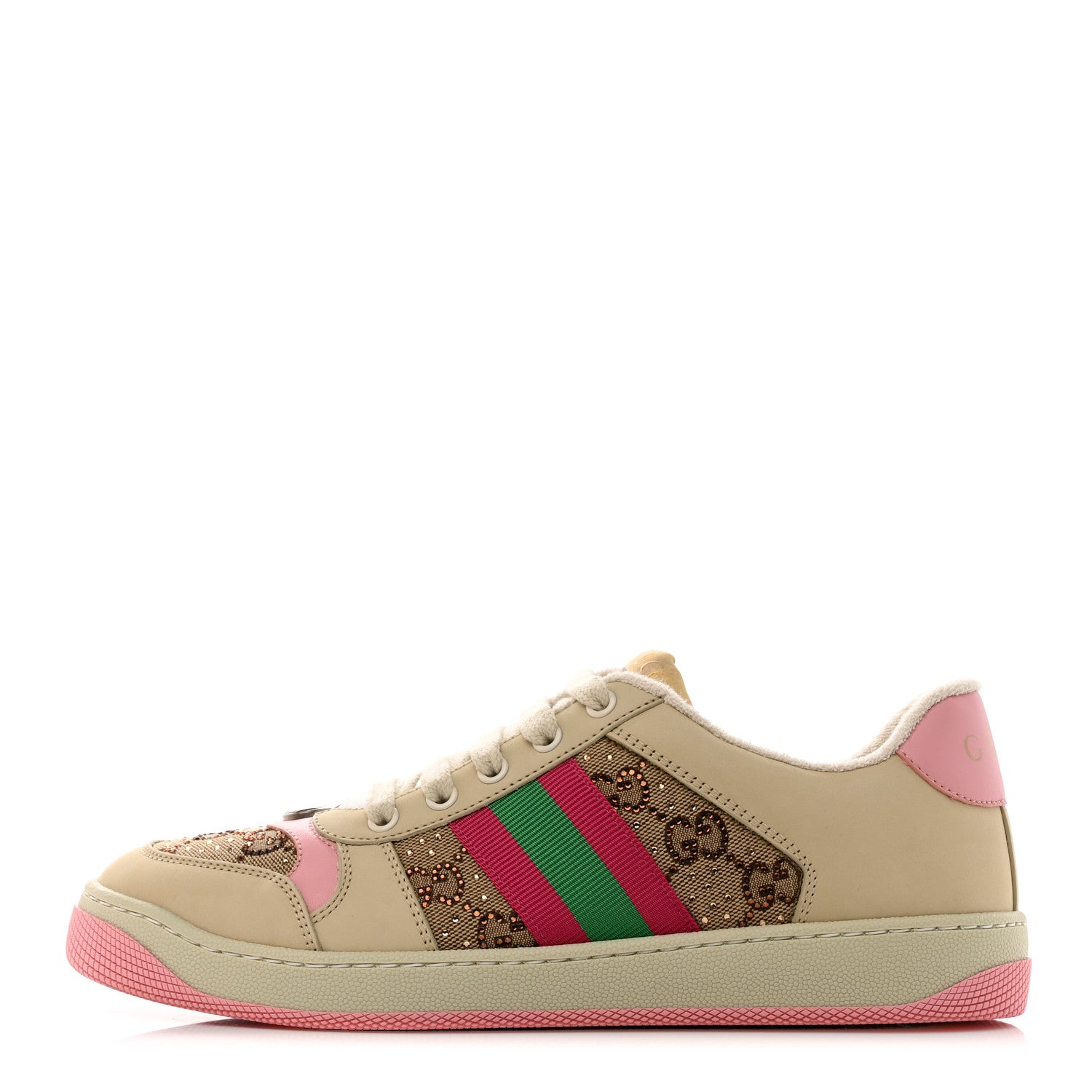 Gucci New GG Monogram Nubuck Web Crystal Embellished Womens Screener Sneakers 39 Camel Ebony Wild Rose 1 of 9