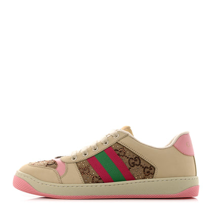 Gucci New GG Monogram Nubuck Web Crystal Embellished Womens Screener Sneakers 39 Camel Ebony Wild Rose 1 of 9