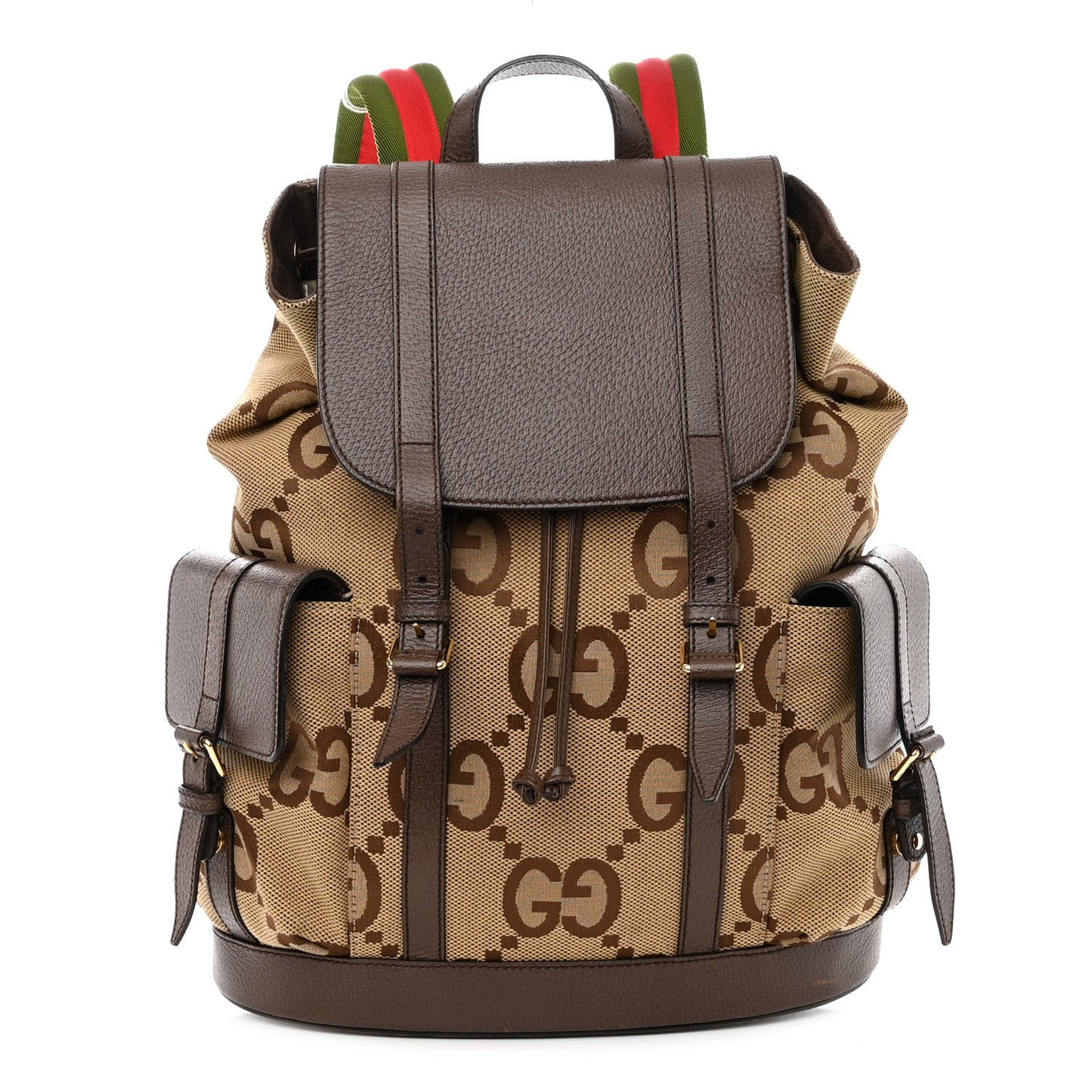 Monogram Jumbo GG Textured Dollar Calfskin Web Double Buckle Backpack Camel Ebony New Acero