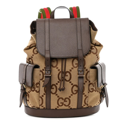 Gucci Monogram Jumbo GG Textured Dollar Calfskin Web Double Buckle Backpack Camel Ebony New Acero 1 of 10