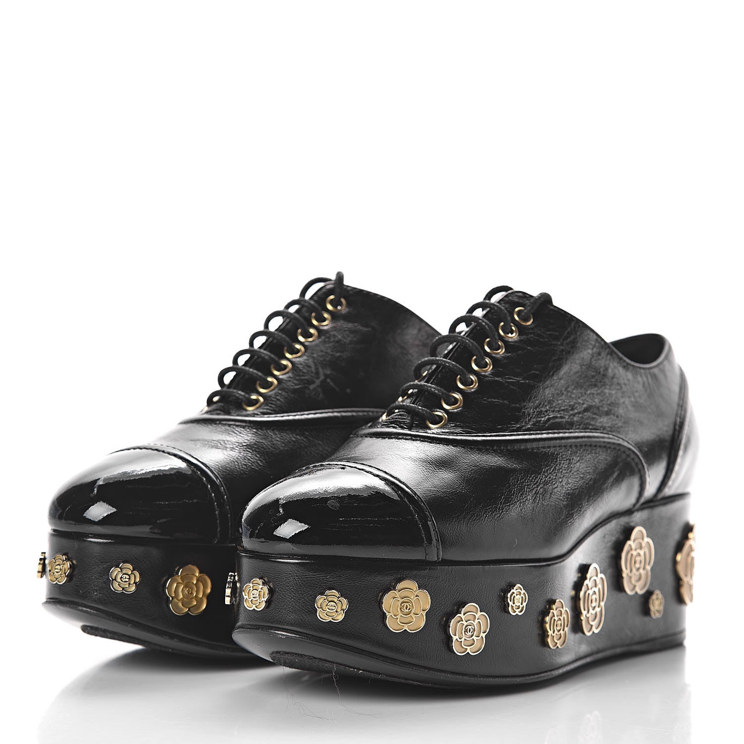 Chanel Crumpled Calfskin Lace Up Platform Oxford 37.5 Black 3 of 11