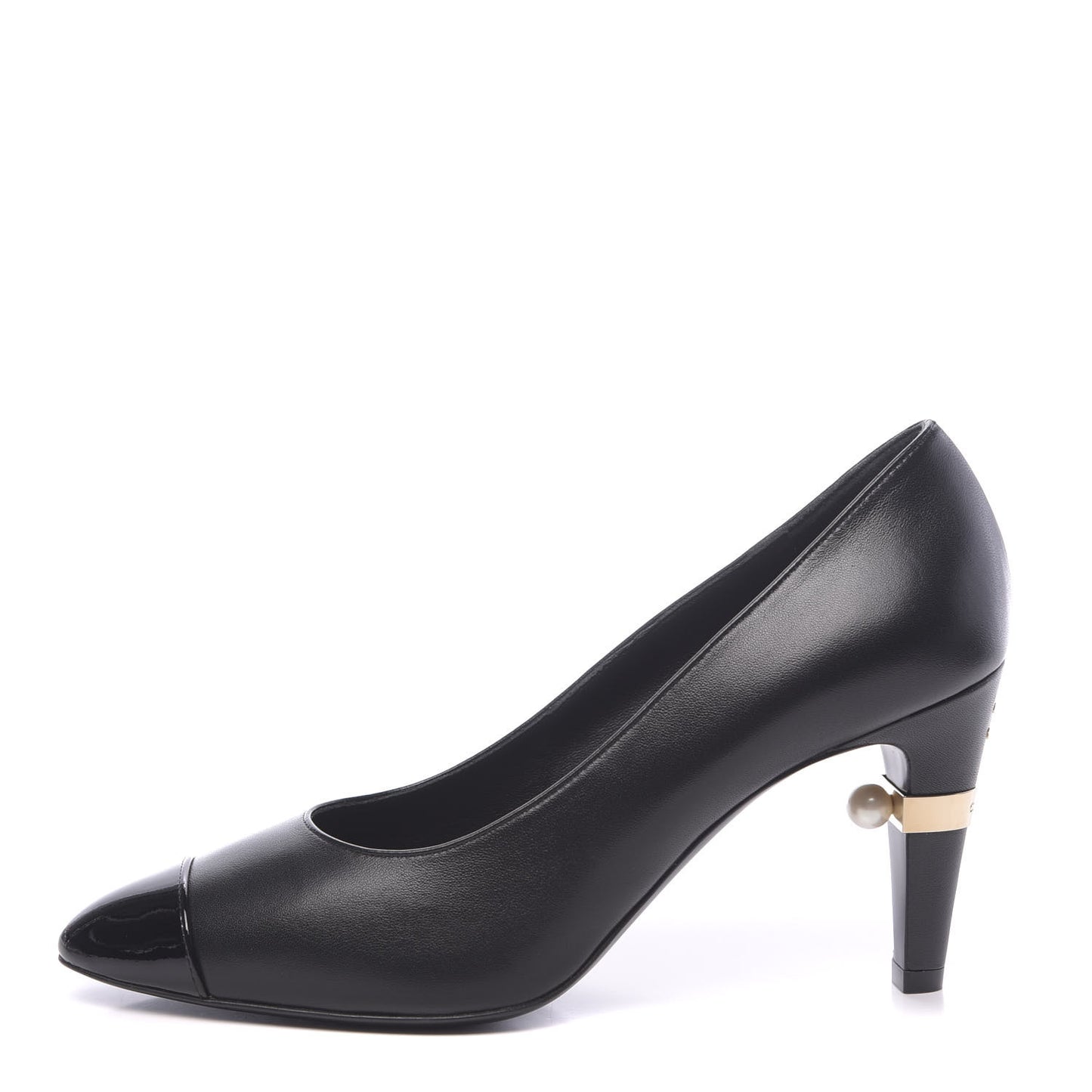 Lambskin Patent Cap Toe Pearl Pumps 38.5 Black