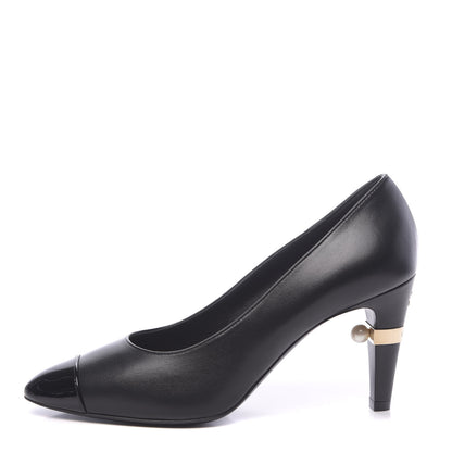 Chanel Lambskin Patent Cap Toe Pearl Pumps 38.5 Black 1 of 9