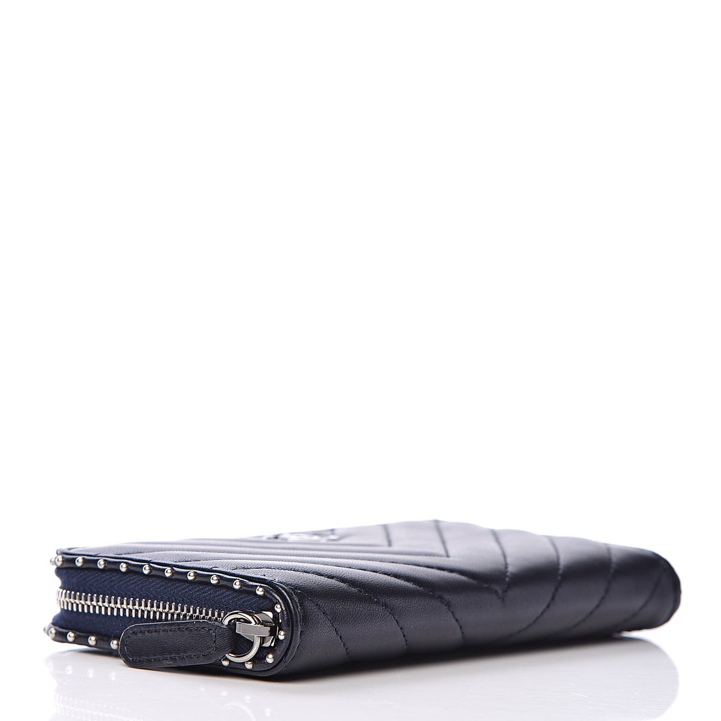Lambskin Chevron Quilted Studded Zip Around Wallet Navy Blue