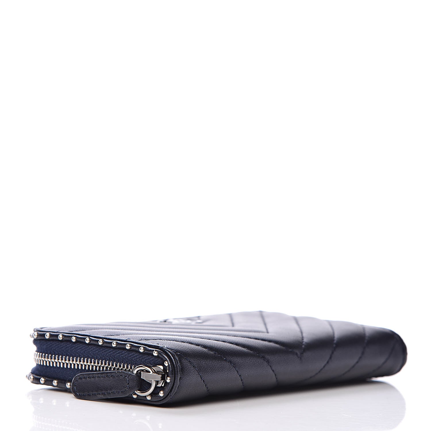 Chanel Lambskin Chevron Quilted Studded Zip Around Wallet Navy Blue 4 of 9