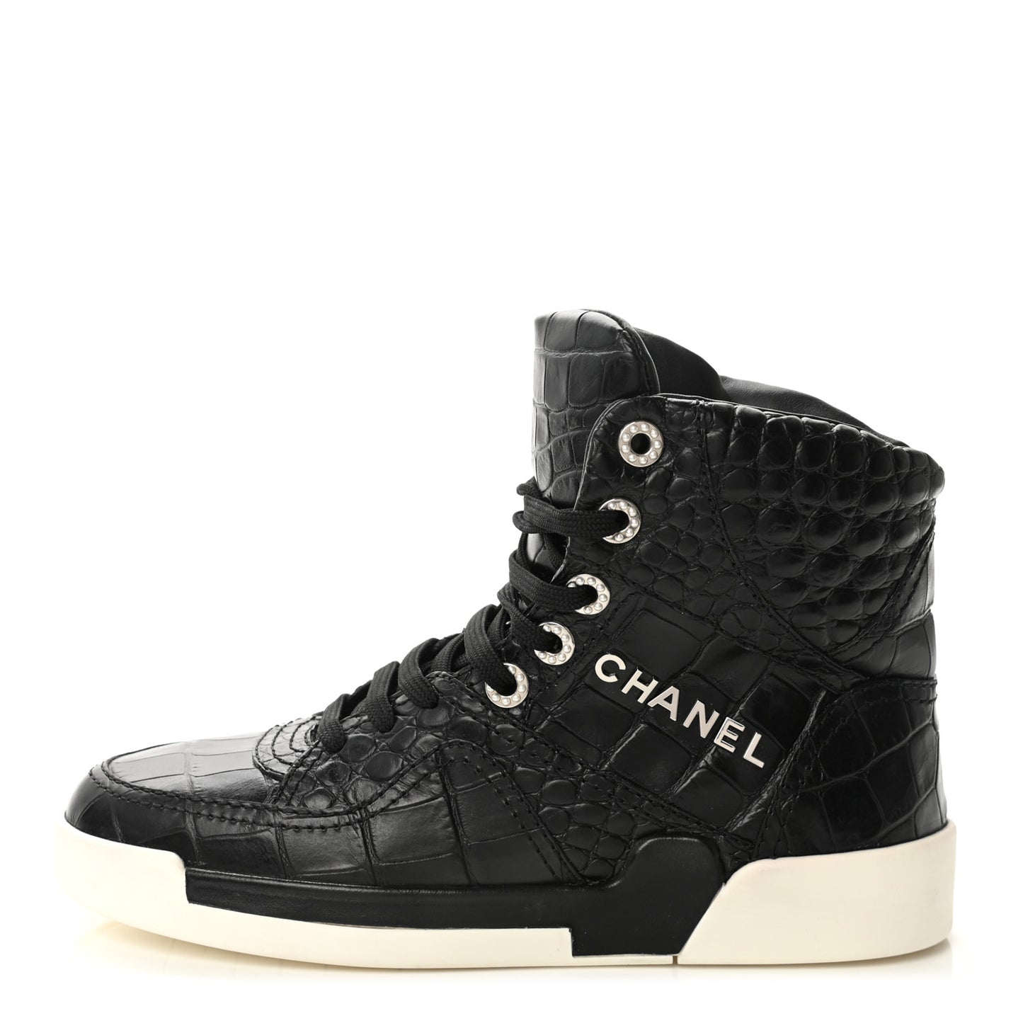 Calfskin Crocodile Embossed Cocodile High Top Sneakers 36.5 Black
