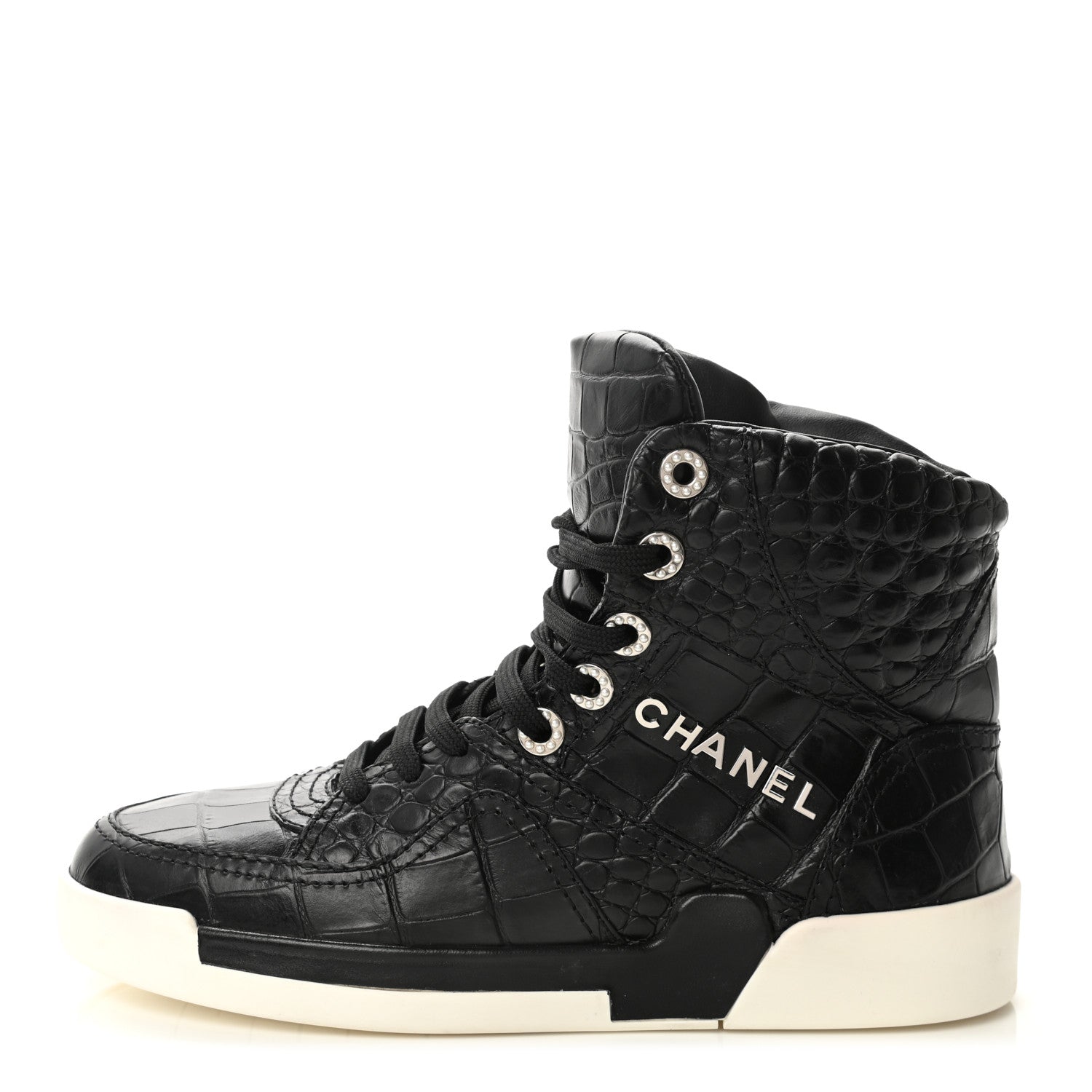 Chanel Calfskin Crocodile Embossed Cocodile High Top Sneakers 36.5 Black 1 of 8