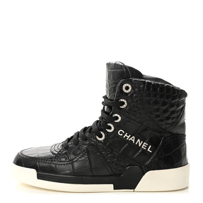 Chanel Calfskin Crocodile Embossed Cocodile High Top Sneakers 36.5 Black 1 of 8
