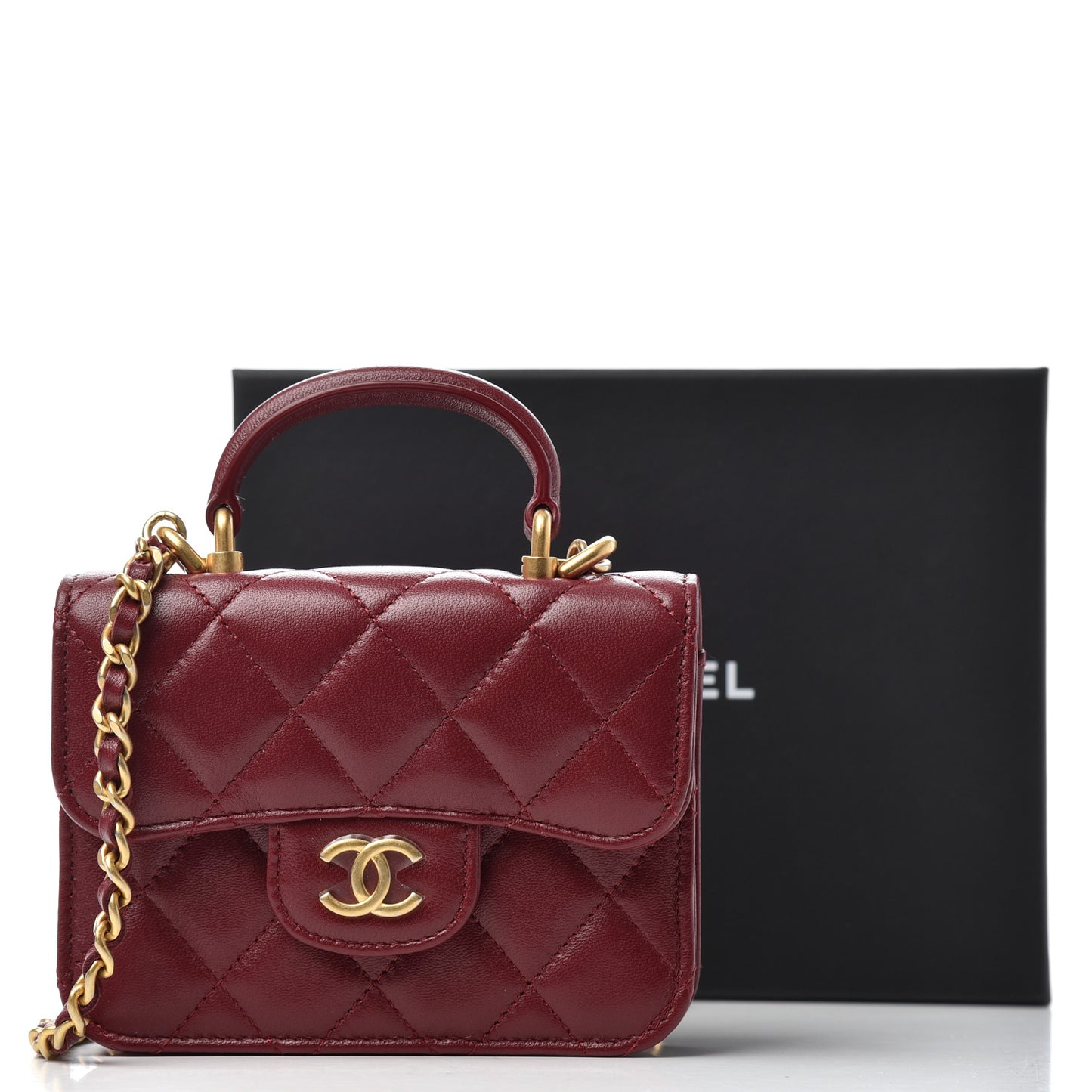 Lambskin Quilted Top Handle Flap Coin Purse With Chain Burgundy
