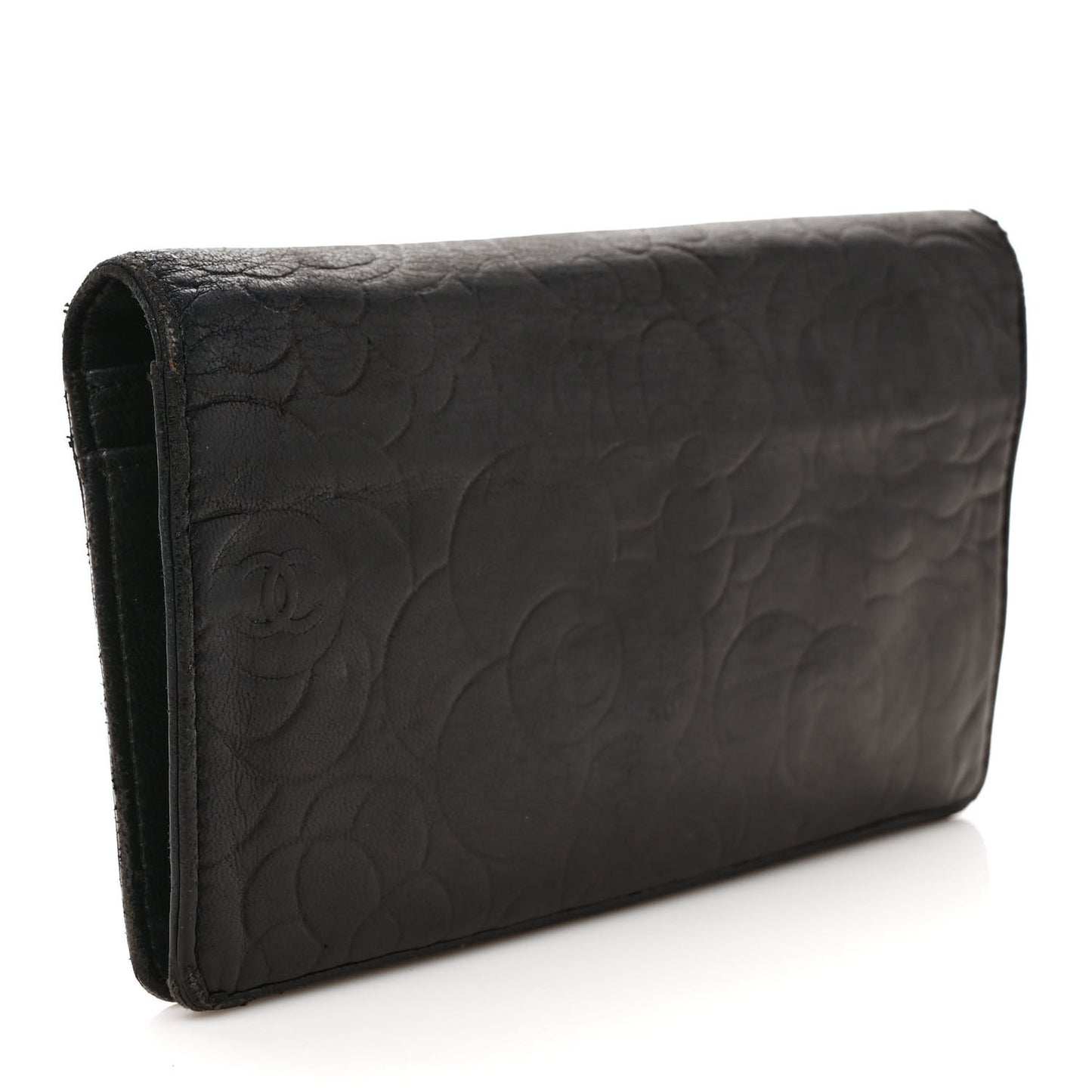 Lambskin Camellia Embossed Yen Wallet Black