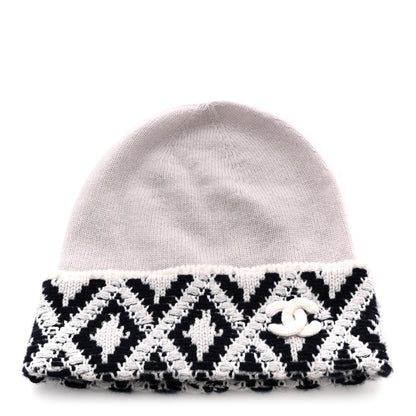 Chanel Cashmere Blend CC Beanie Hat White Navy Blue 1 of 6