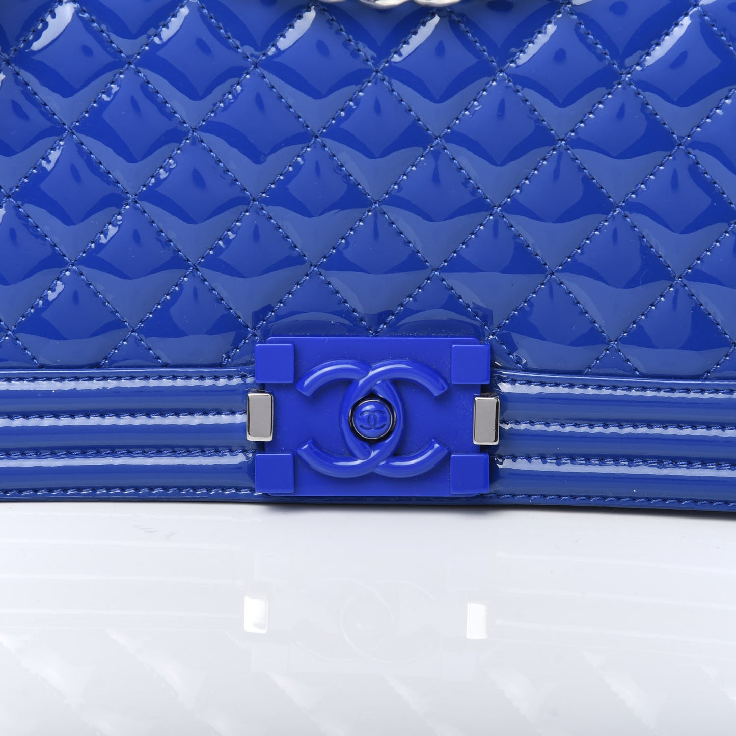 Patent Calfskin Quilted Medium Plexiglass Boy Flap Blue