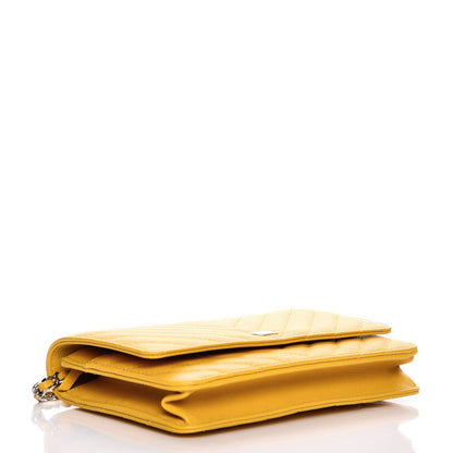 Chanel Caviar Chevron Quilted Wallet On Chain WOC Yellow 4 of 9