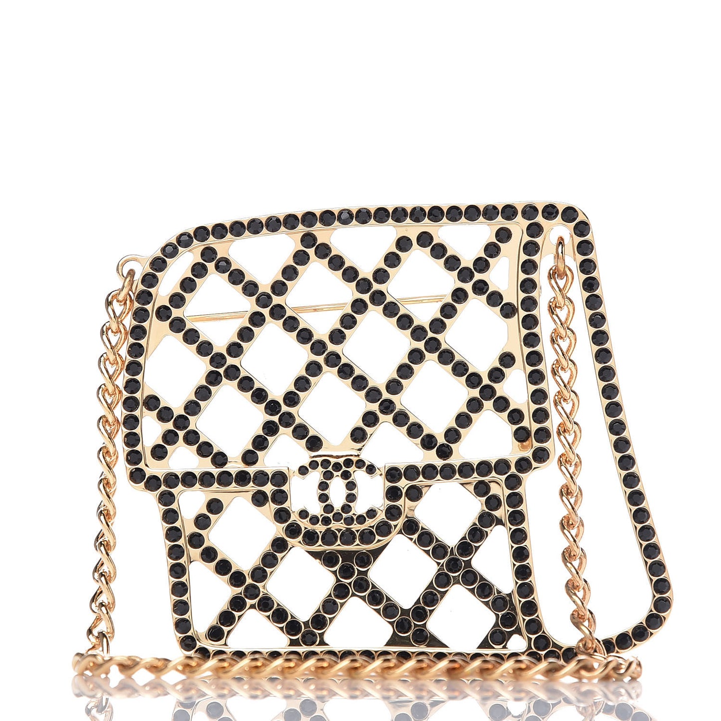 Crystal Flap Bag Brooch Black Gold
