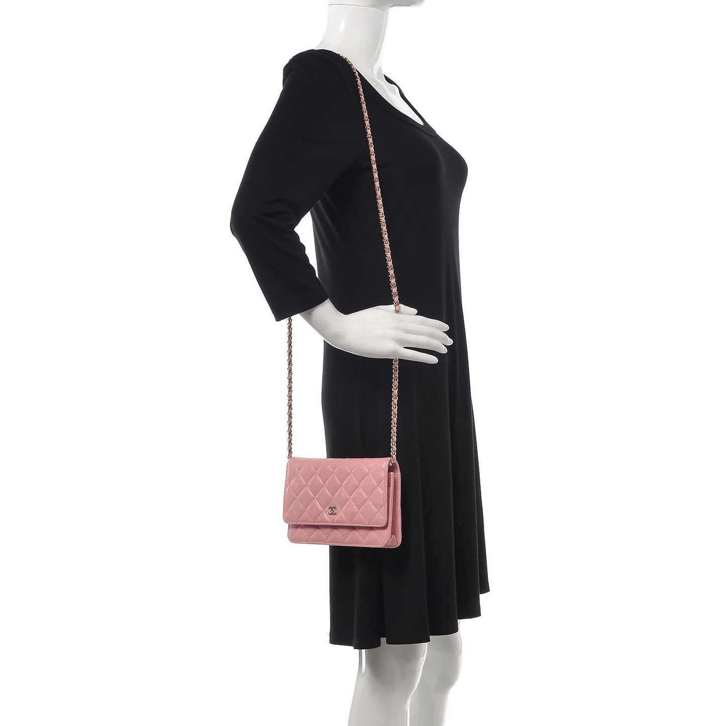 Iridescent Caviar Quilted Wallet on Chain WOC Rose Pink