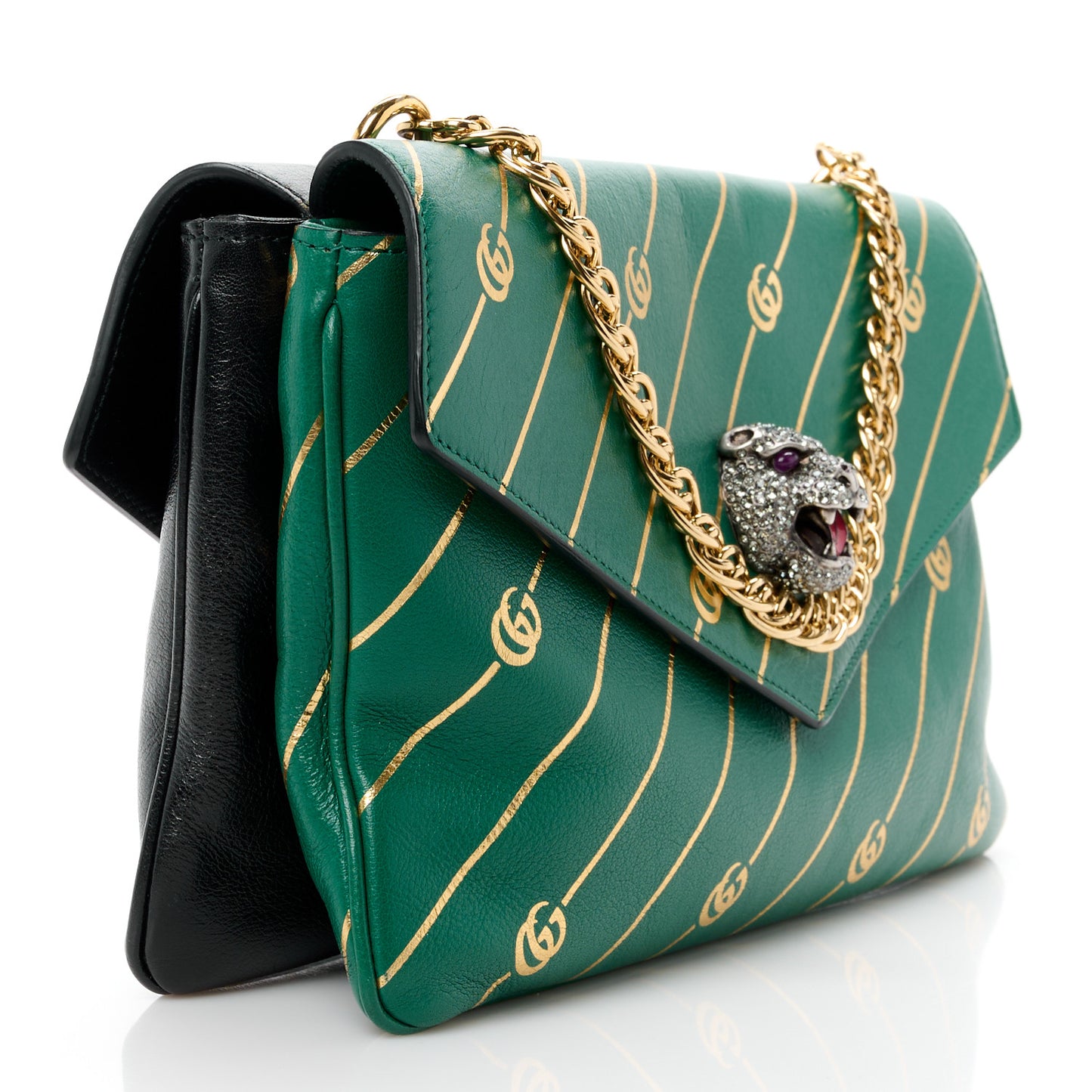 Calfskin Diagonal GG Medium Thiara Double Envelope Shoulder Bag Emerald Green Black