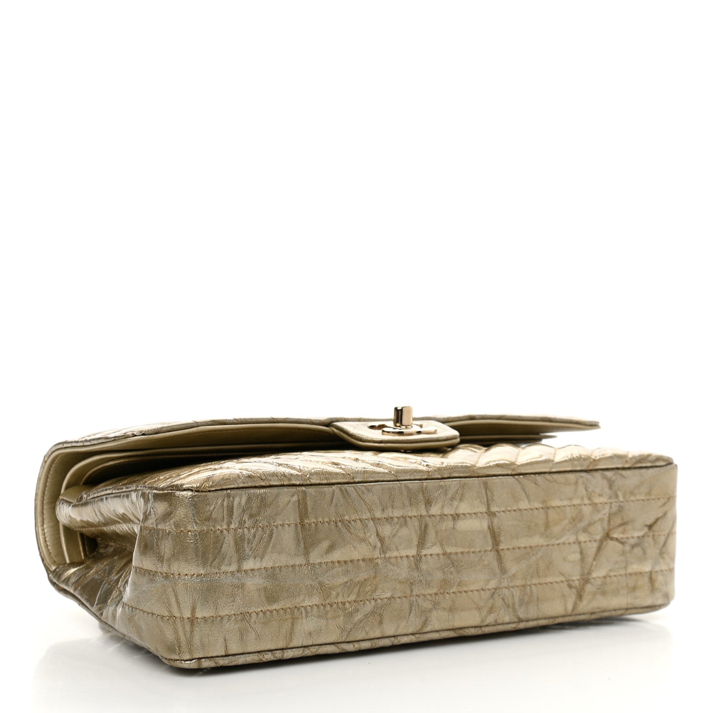 Metallic Patent Crumpled Calfskin Chevron Quilted Medium Double Flap Gold