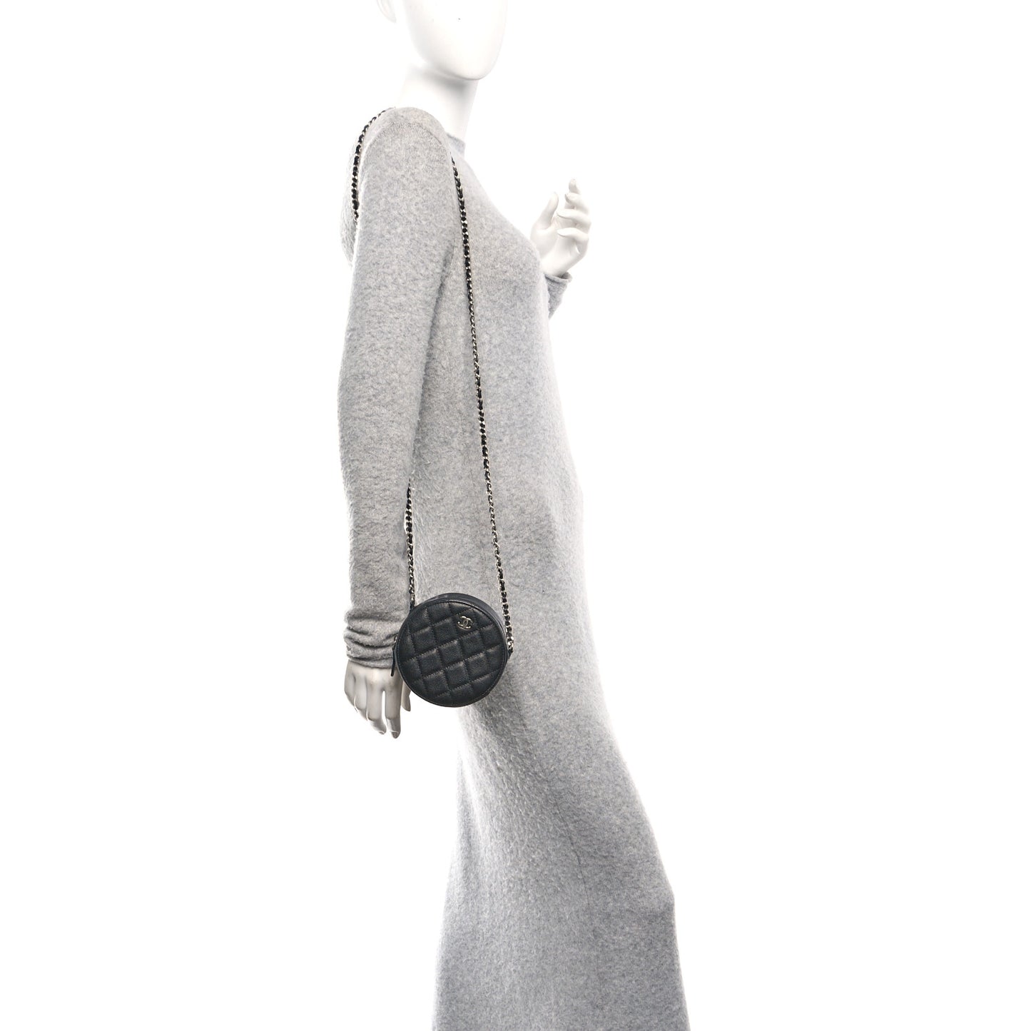 Caviar Quilted Round Clutch With Chain Black