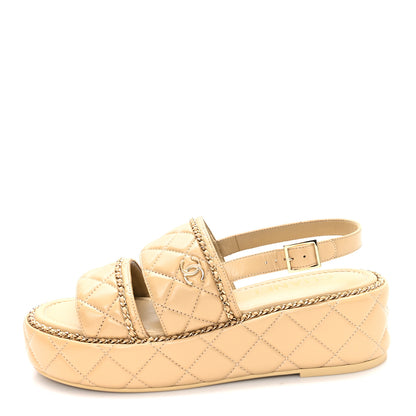 Chanel Shiny Lambskin Quilted Chain Around CC Platform Sandals 39.5 Beige 1 of 10