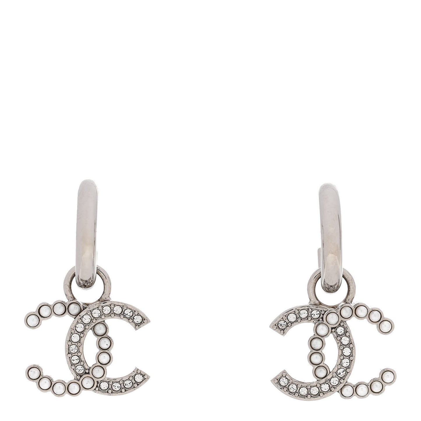 Metal Pearl Crystal CC Drop Earrings Silver
