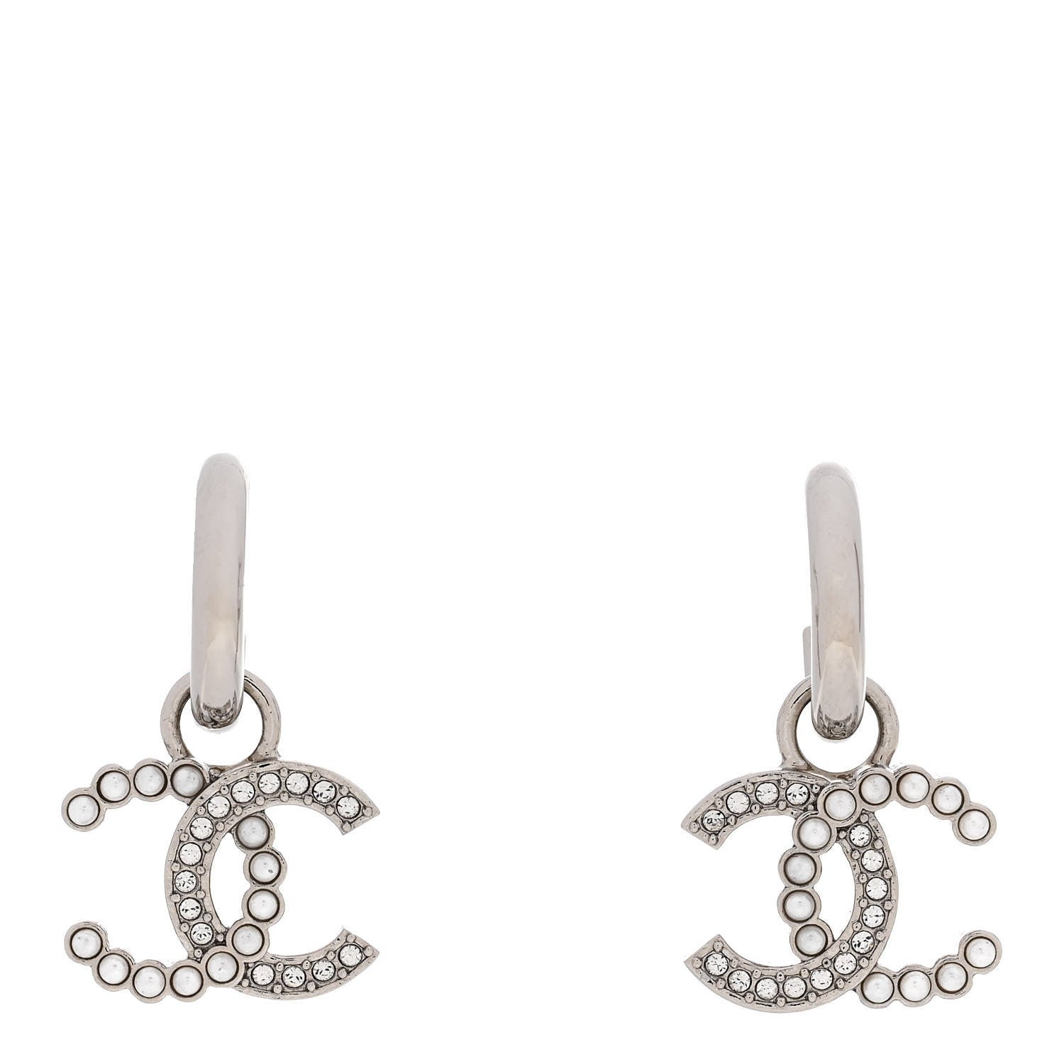Chanel Metal Pearl Crystal CC Drop Earrings Silver 1 of 5