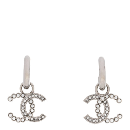 Chanel Metal Pearl Crystal CC Drop Earrings Silver 1 of 5
