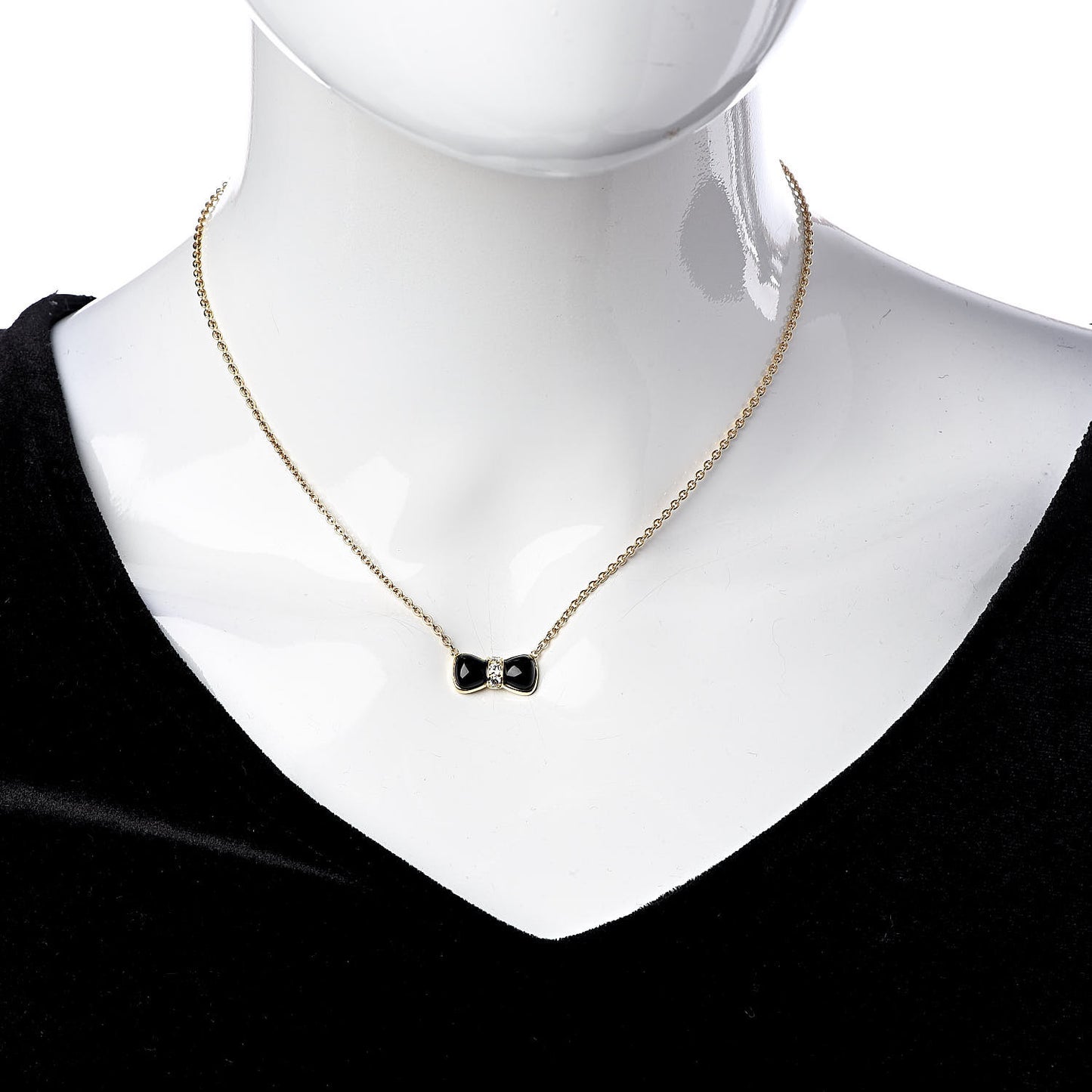 18K Yellow Gold Diamond Black Onyx Bow Pendant Necklace