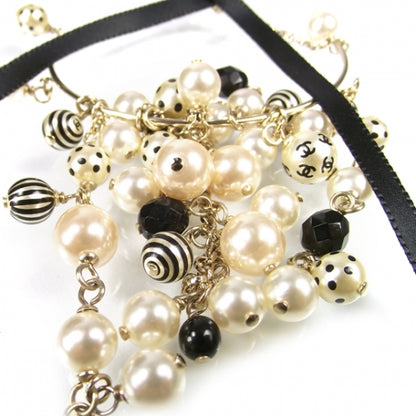 Chanel CC Pearl Hoop Ribbon Earrings Black White 5 of 5