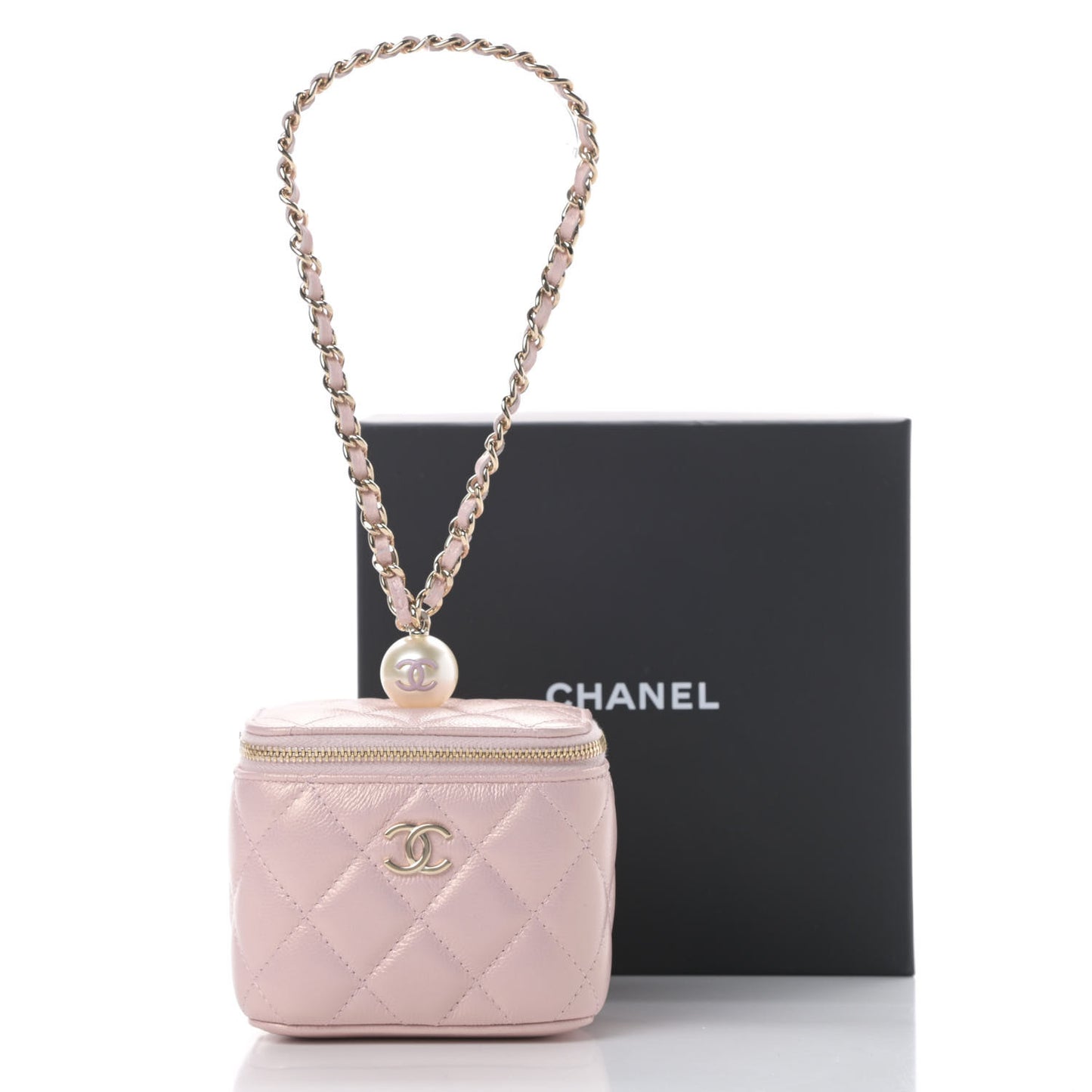 Iridescent Caviar Quilted Mini Pearl On Top Vanity Case With Chain Light Pink