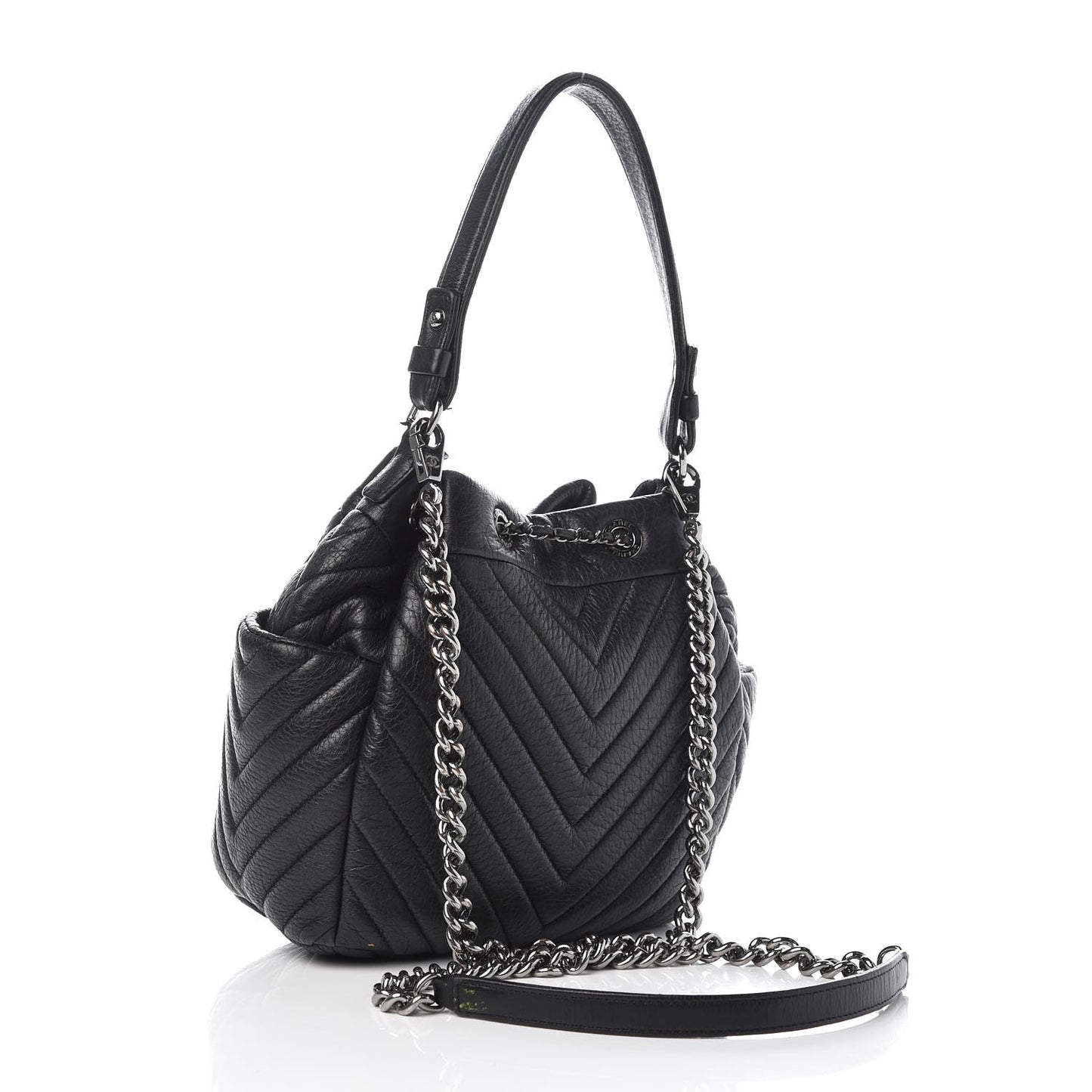 Deerskin Chevron Small CC Chain Bucket Drawstring Bag Black