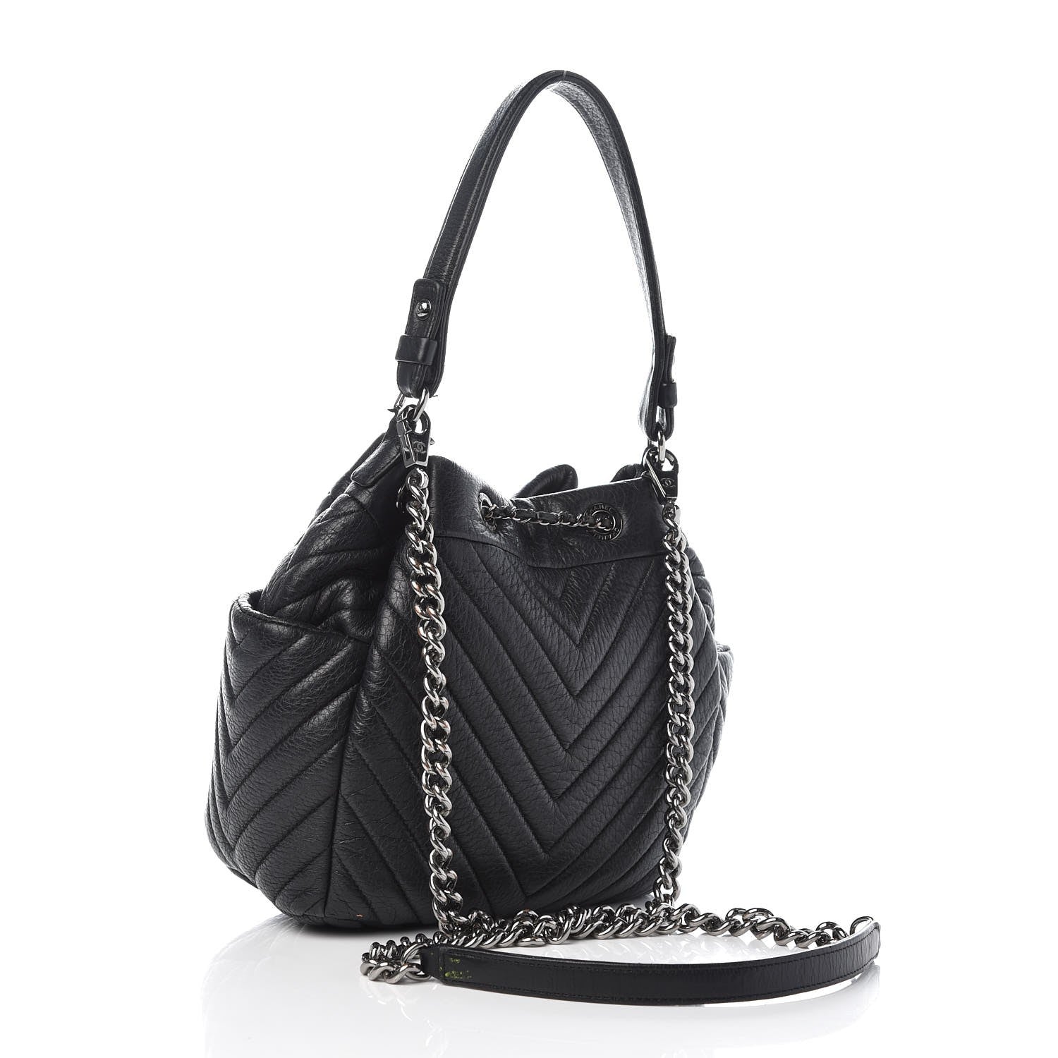 Chanel Deerskin Chevron Small CC Chain Bucket Drawstring Bag Black 3 of 8