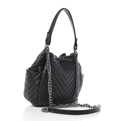 Chanel Deerskin Chevron Small CC Chain Bucket Drawstring Bag Black 3 of 8