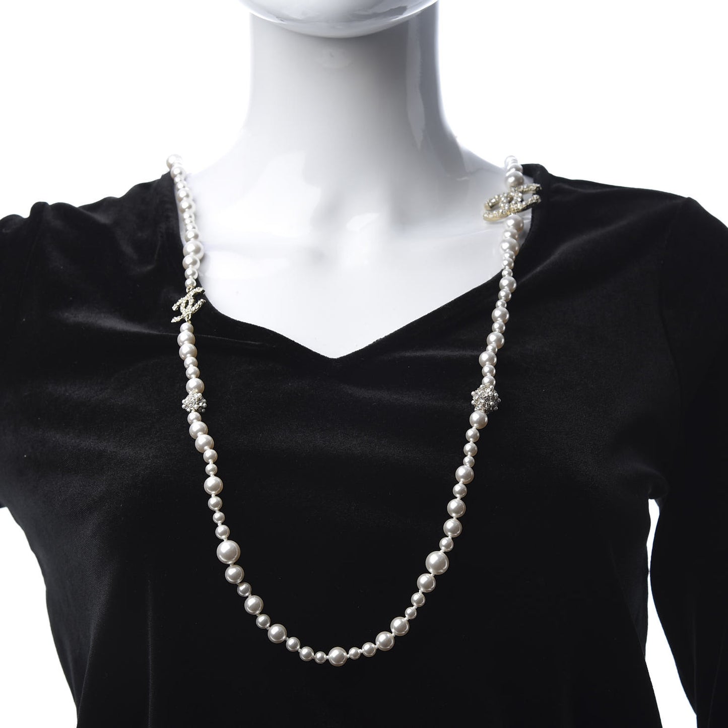 Pearl Baguette Crystal CC Long Necklace Silver