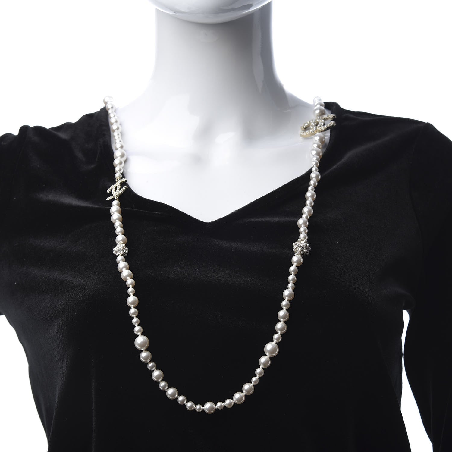 Chanel Pearl Baguette Crystal CC Long Necklace Silver 2 of 5