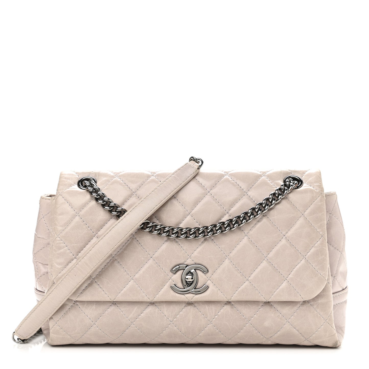 Glazed Calfskin Quilted Medium Lady Pearly Flap Light Beige