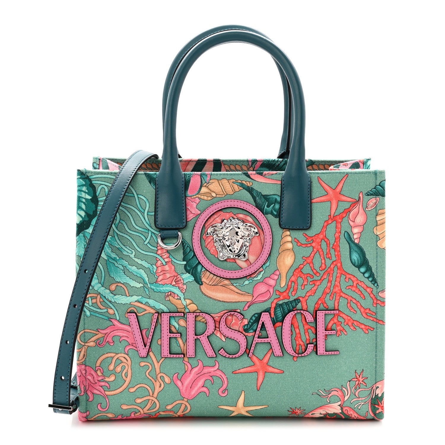 Versace Canvas Barocco Underwater Medusa Small Tote Light Blue Pink Multicolor 1 of 9