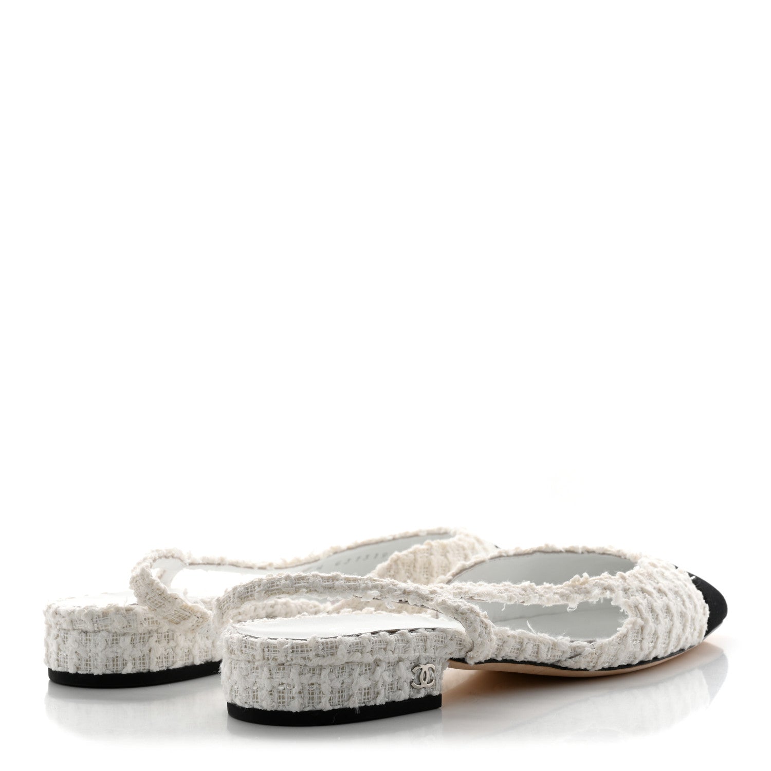 Chanel Tweed Grosgrain Toe CC Slingback Flat 37 White Black