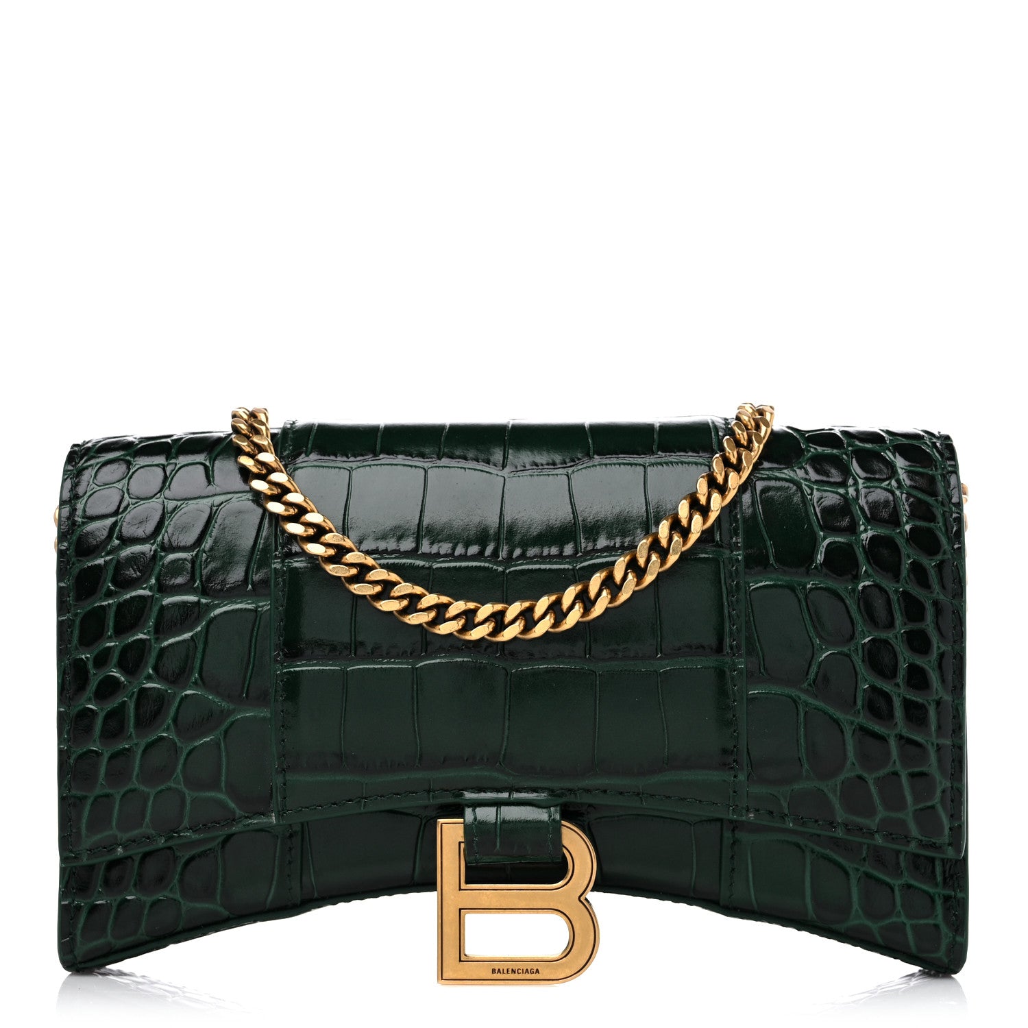 Balenciaga Shiny Calfskin Crocodile Embossed Hourglass Chain Bag Forest Green 1 of 9
