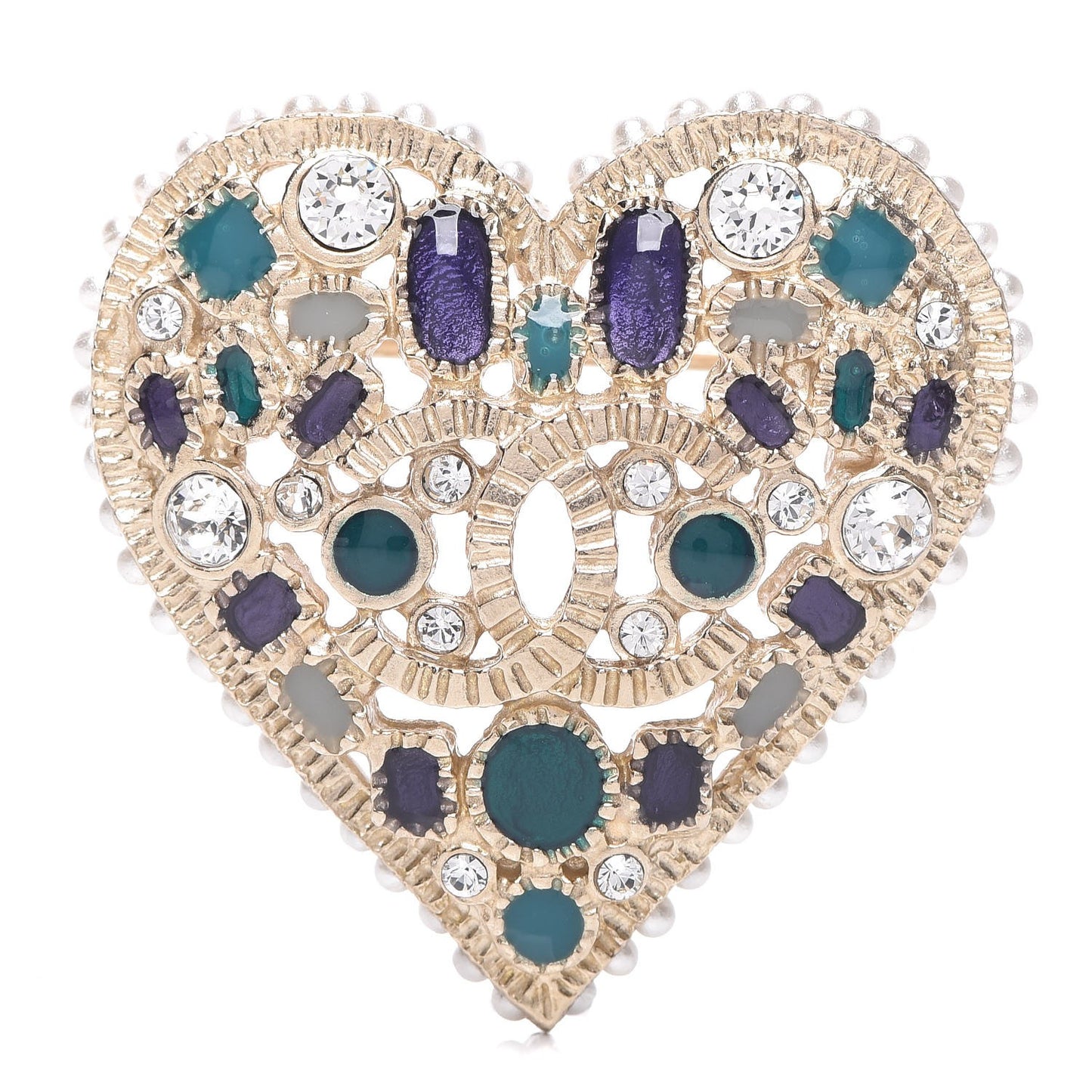 Crystal Pearl CC Heart Brooch Gold Green Purple
