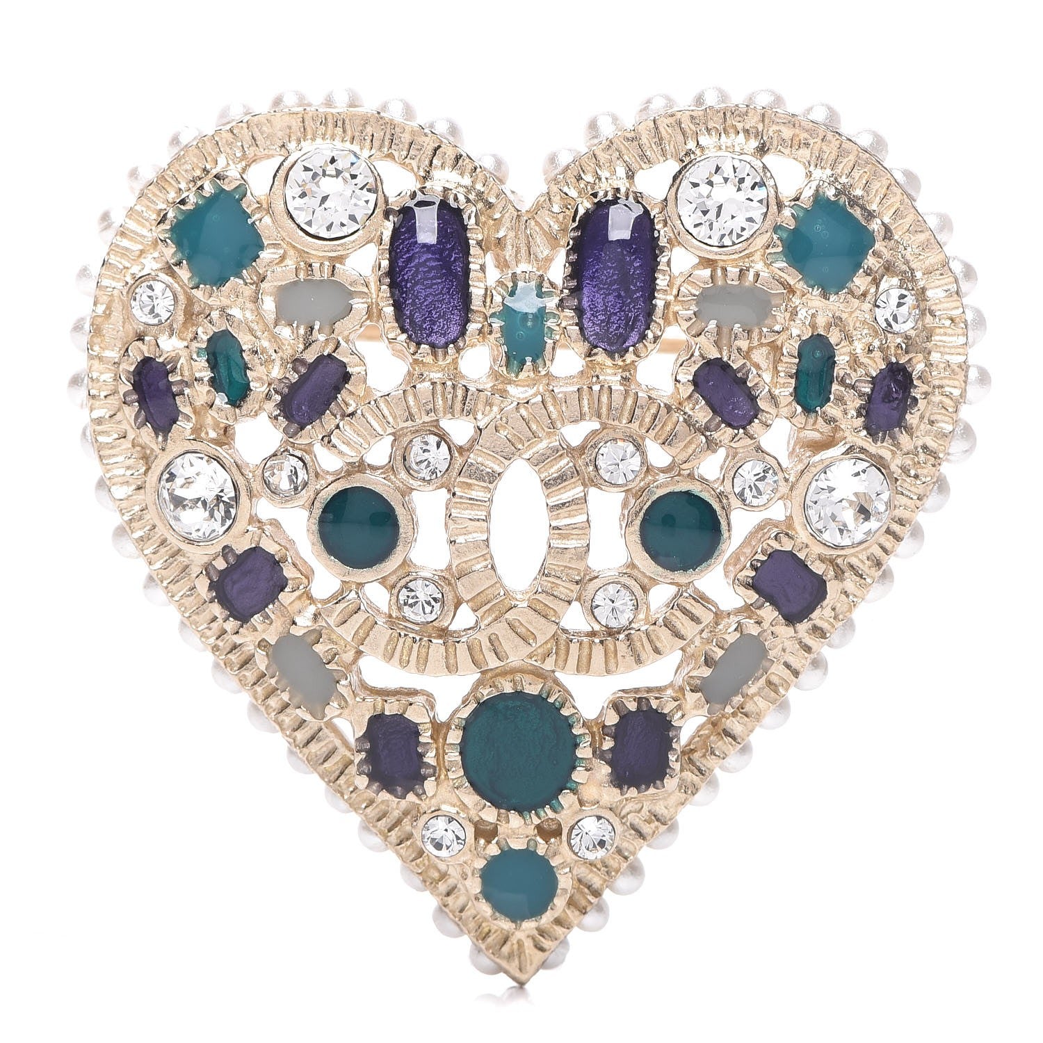 Chanel Crystal Pearl CC Heart Brooch Gold Green Purple 1 of 5
