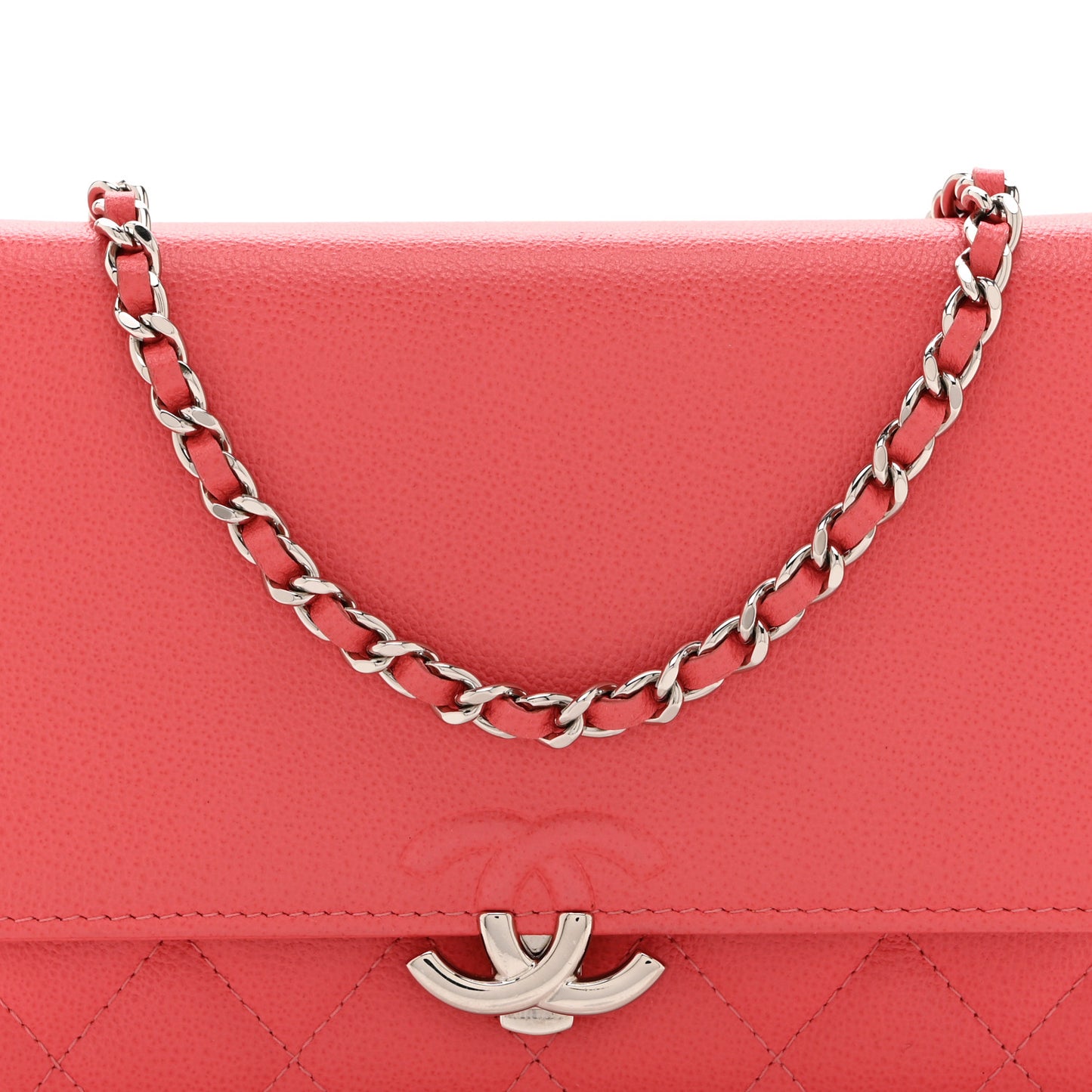 Grained Calfskin Quilted CC Box Wallet On Chain WOC Pink