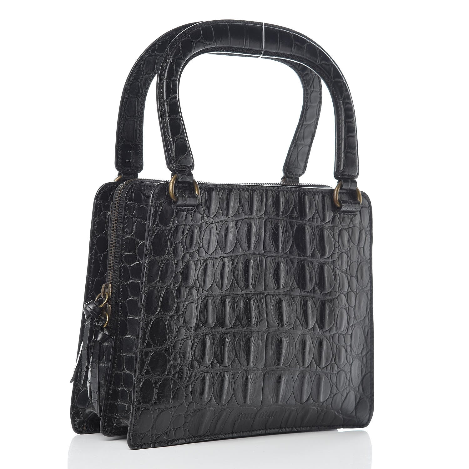 Miu Miu Calfskin Crocodile Embossed Top Handle Tote Black 3 of 9