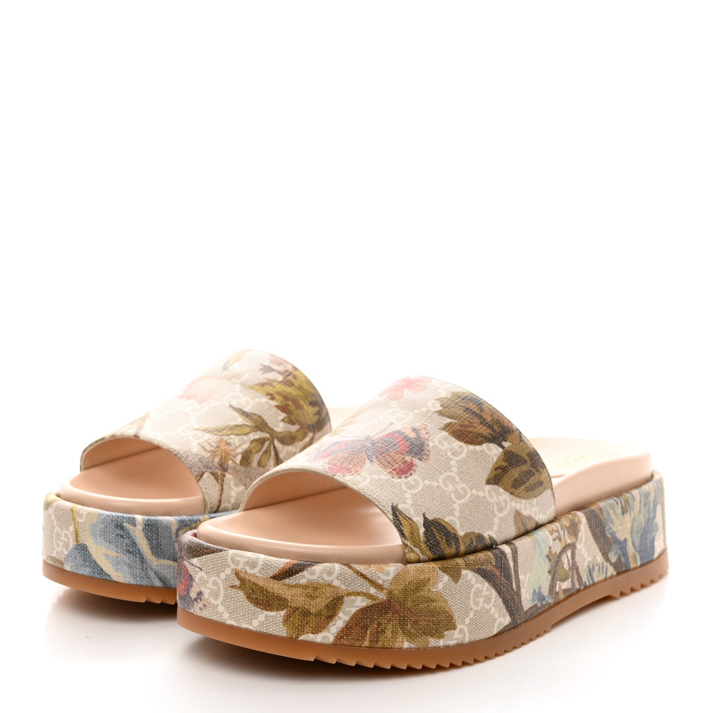 GG Supreme Monogram Water Flora Angelina Platform Slide Sandals 39.5 Beige White Multicolor