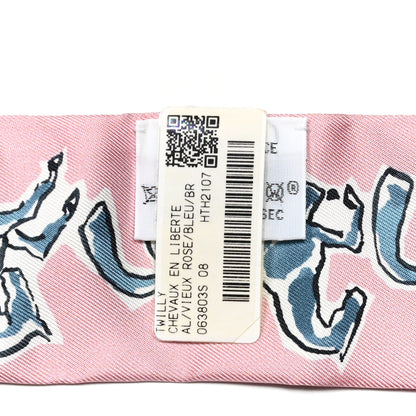 Hermes Silk Chevaux En Liberte Twilly Vieux Rose Bleu 4 of 4