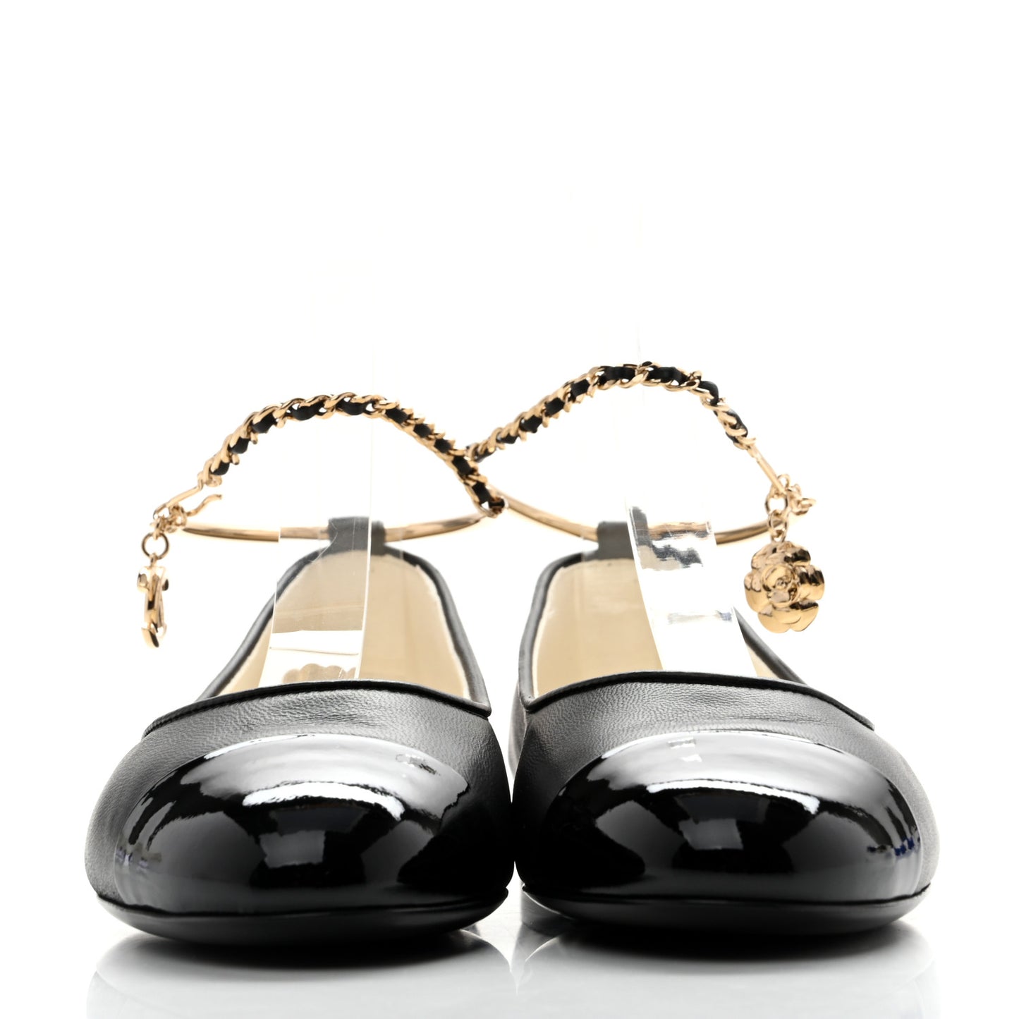 Lambskin Patent Calfskin Cap Toe Ankle Chain Ballerina Flats 36 Black