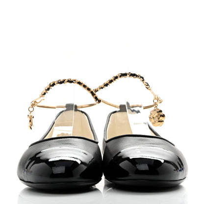 Chanel Lambskin Patent Calfskin Cap Toe Ankle Chain Ballerina Flats 36 Black 3 of 10